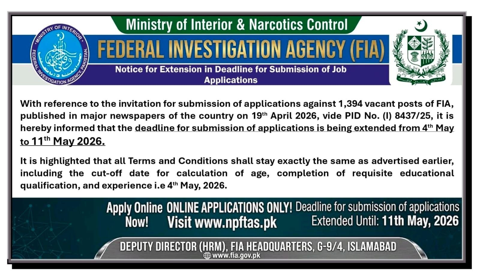 FIA Jobs 2026 Official Notification for Last Date Extended to May 11
