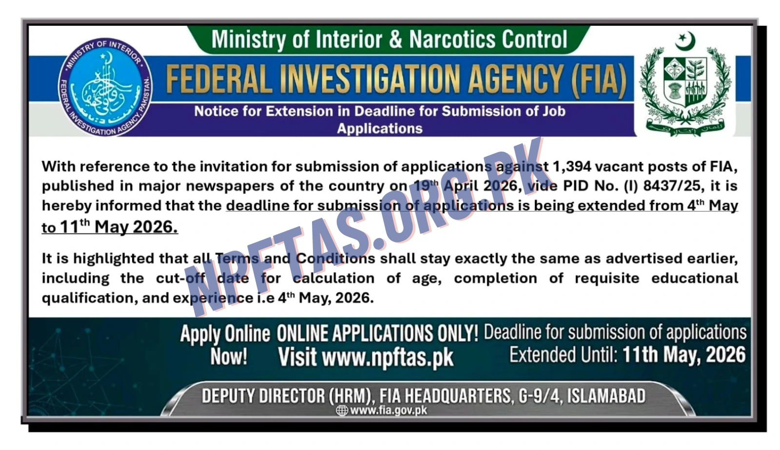FIA Npftas Last Date Extended